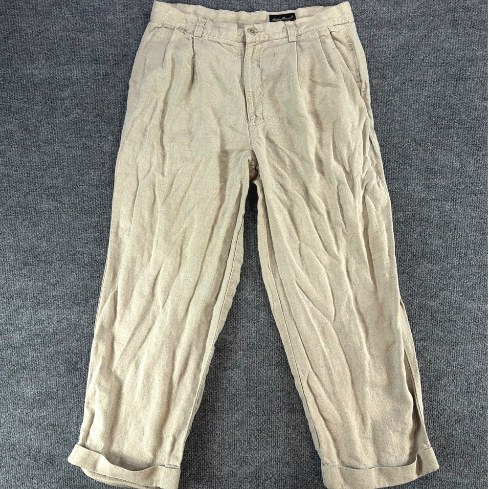 Eddie Bauer Mens 35x30 Pleated 100% Linen Pants Khaki Beige Cuffed Relaxed Fit